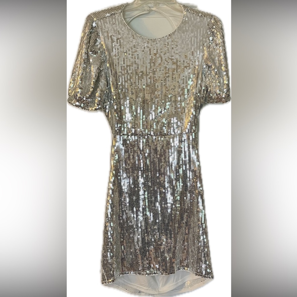 Lulus Silver Sequin Short Sleeve Backless Mini Dress